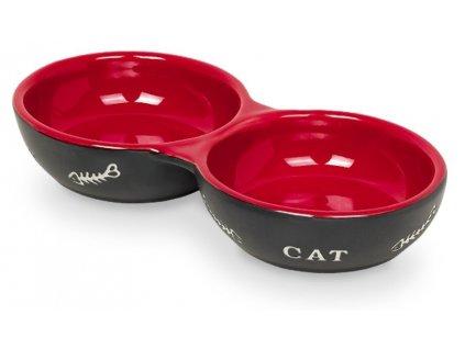 Keramická dvojmiska pre mačky na vodu a krmivo s lesklou glazúrou Nobby Cat 2x130ml červená/čierna
