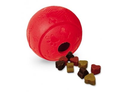 Zábavná gumová hračka pre psov s otvorom na naplnenie maškrtami Nobby s priemerom 8cm v červenej far