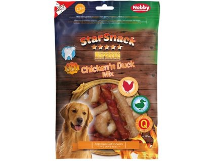 Pochúťka pre psov s kačacím a kuracím mäsom Nobby StarSnack BBQ Chicken & Duck mix 130g