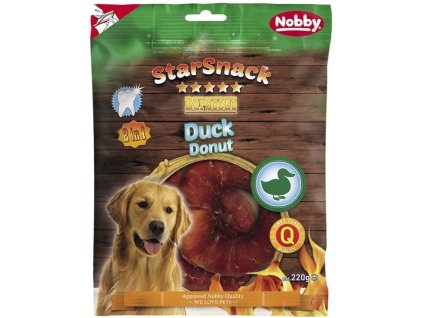 Pochúťka a odmena pre psa s kačacím mäsom Nobby BBQ Duck Donut 2ks 220g