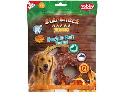 Pochúťka pre psov s kačacím mäsom a treskou Nobby StarSnack BBQ Duck & Fish Donut 240g