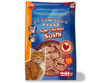 Prírodná pochúťka pre mačky z kuracieho mäsa a tuniaka Nobby Soft Chicken Sushi 85g