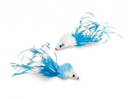 Chrastiace myšky s perím a catnipom pre mačky Nobby 2ks o veľkosti 5cm vo farbe - modrá/biela