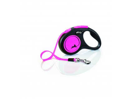 Samonavíjacie vodítko pre psy do 15kg s páskou Flexi New Neon S o dĺžke 5m s ružovými prvkami