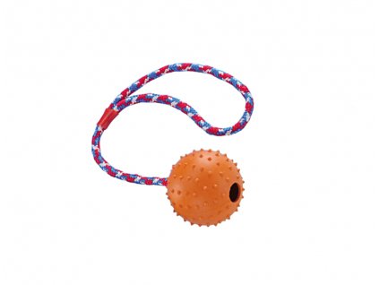 Gumená aportovacia hračka pre malé psy lopta s lankom a rolničkou od Nobby s priemerom lopty Ø7cm