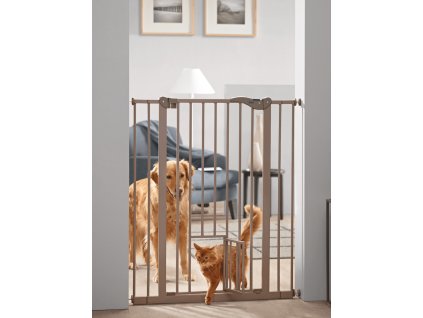 Pevná zábrana pre psy s dvierkami pre mačky do bytu alebo domu o výške 107 cm s nastaviteľnou šírkou