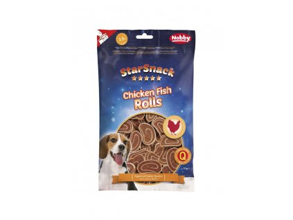 Zdravá pochúťka s kuracím mäsom a rybou Nobby Fish Rolls 113g