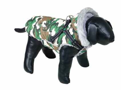 Nobby Polar 2v1 36 cm zelená kamufláž: kvalitná zimná bunda pre psy s postrojom a kapucňou
