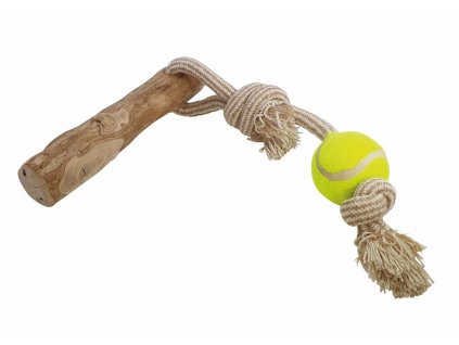 Nobby Kávovníkové drevo s lanom a loptou L: hračka pre psy s cca. 56 cm dĺžkou