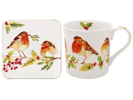 Set - hrníček a korková podložka - zimní červenka 250ml
