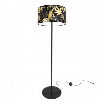 Stojací lampa Gold Flowers, 1x černé textilní stínítko s květinovým vzorem, (fi 35cm), o