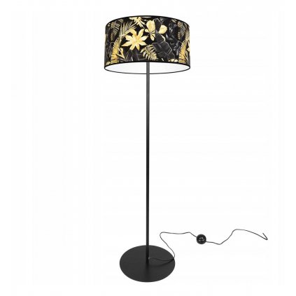 Podlahová lampa GOLD FLOWERS, 1x čierne textilné tienidlo s kvetinovým vzorom, (fi 40cm), O