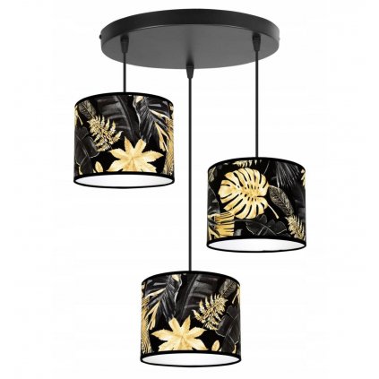 Závesné svietidlo Gold Flowers, 3x čierne textilné tienidlo s kvetinovým vzorom, o