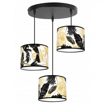 Závesné svietidlo Gold Flowers, 3x biele textilné tienidlo s kvetinovým vzorom, (výber z 2 farieb konštrukcie), o