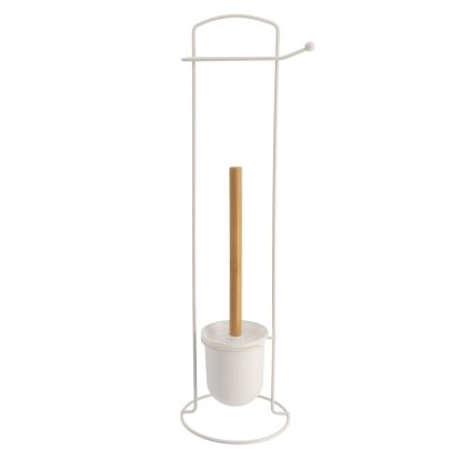 Stojan na toaletný papier a WC kefu White Bamboo, biela/s drevenými prvkami, O