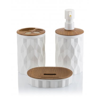 Sada kúpeľňových doplnkov Reina, biela/prvky s povrchovou úpravou v dekore dreva