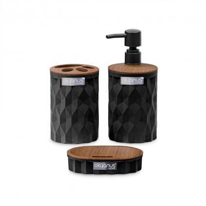 Sada kúpeľňových doplnkov Diamond, čierna/prvky s povrchovou úpravou v dekore dreva