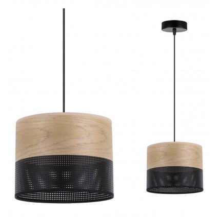 Závesné svietidlo Wood, 1x dýha zlatý dub/čierne PVC tienidlo, (fi 20cm)