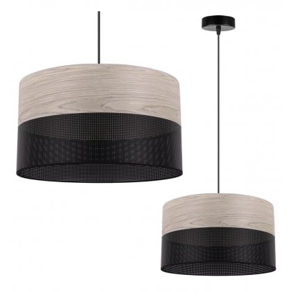 Závesné svietidlo Wood, 1x svetlobéžová dubová dýha/čierne PVCové tienidlo, (fi 35cm)