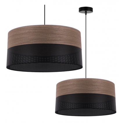 Závesné svietidlo Wood, 1x hnedá orechová dýha/čierne PVCové tienidlo, (fi 44cm)