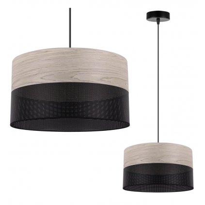 Závesné svietidlo Wood, 1x svetlobéžová dubová dýha/čierne PVCové tienidlo, (fi 30cm)