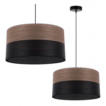 Závesné svietidlo Wood, 1x hnedá orechová dýha/čierne PVCové tienidlo, (fi 40cm)