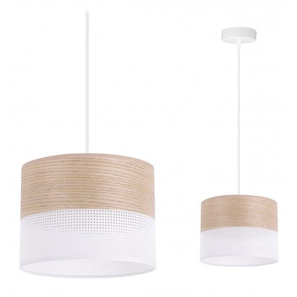 Závesné svietidlo Wood, 1x béžová dubová dýha/biele PVC tienidlo, (fi 20cm)