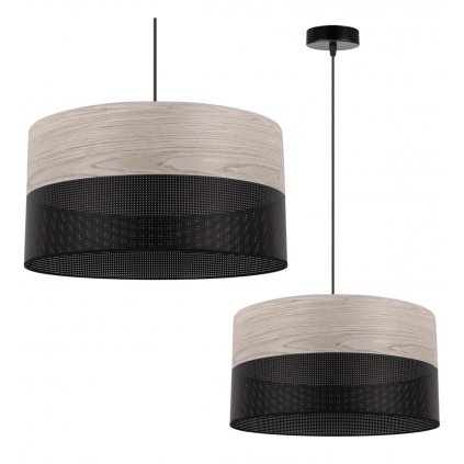 Závesné svietidlo Wood, 1x svetlobéžová dubová dýha/čierne PVC tienidlo, (fi 40cm)
