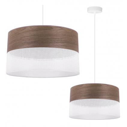 Závesné svietidlo Wood, 1x hnedá orechová dýha/biele PVC tienidlo, (fi 35cm)
