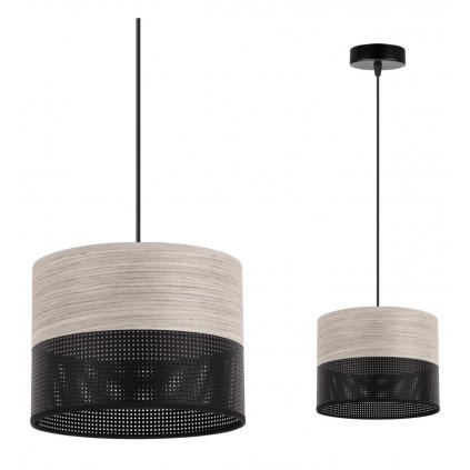 Závesné svietidlo Wood, 1x svetlobéžová dubová dýha/čierne PVC tienidlo, (fi 20cm)