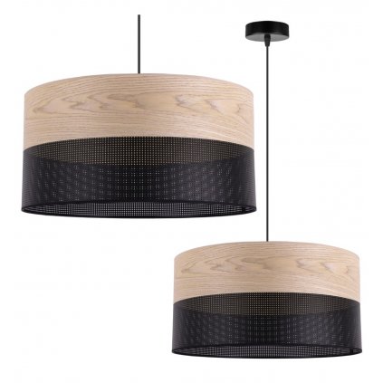 Závesné svietidlo Wood, 1x béžová dubová dýha/čierne PVC tienidlo, (fi 44cm)