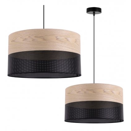 Závesné svietidlo Wood, 1x béžová dubová dýha/čierne PVC tienidlo, (fi 40cm)