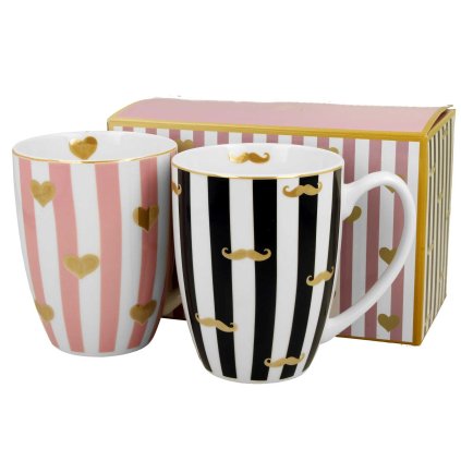 Porcelánový hrnček Little Hearts/Moustache 360 ml sada 2ks