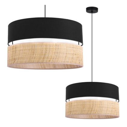 Závesné svietidlo Rattan, 1x ratanové/čierne textilné tienidlo, (fi 45cm)
