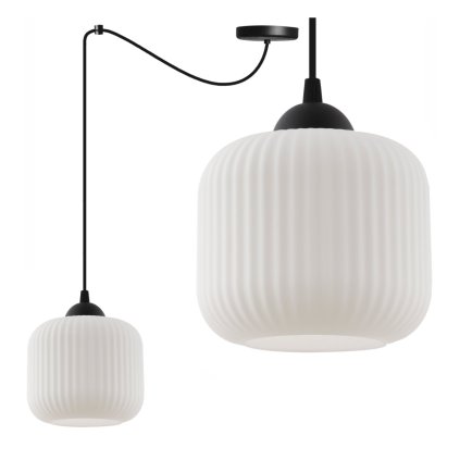 lampa wiszaca zyrandol riffle pojedyncza czarny pajak loft z bialym kloszem ze szkla nad stol i wyspe