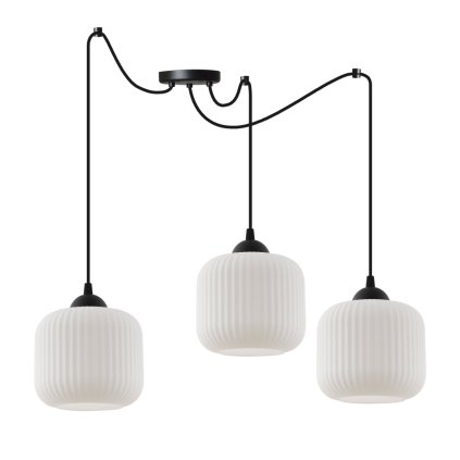 lampa wiszaca zyrandol riffle potrojny pajak w stylu loft z bialymi kloszami ze szkla nad stol i wyspe
