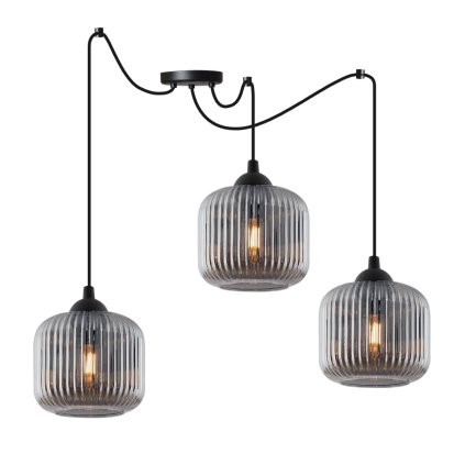 lampa wiszaca sufitowa riffle potrojna grafitowe szklane klosze z ryflowaniem nad stol do salonu i jadalni