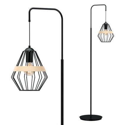 Stojacia lampa Cliff, 1x drevené/čierne drôtené tienidlo, b