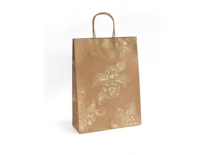 Papírová taška Kraft zlaté květiny 33x10x24cm, 5ks