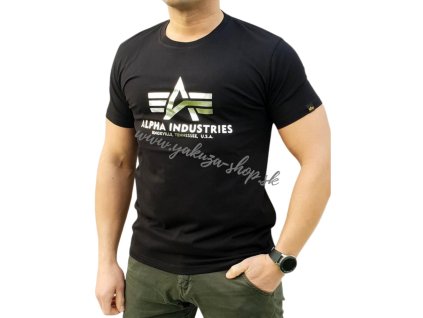 Alpha Industries Basic T Shirt Foil Print Black Metal Silver tričko pánske 1