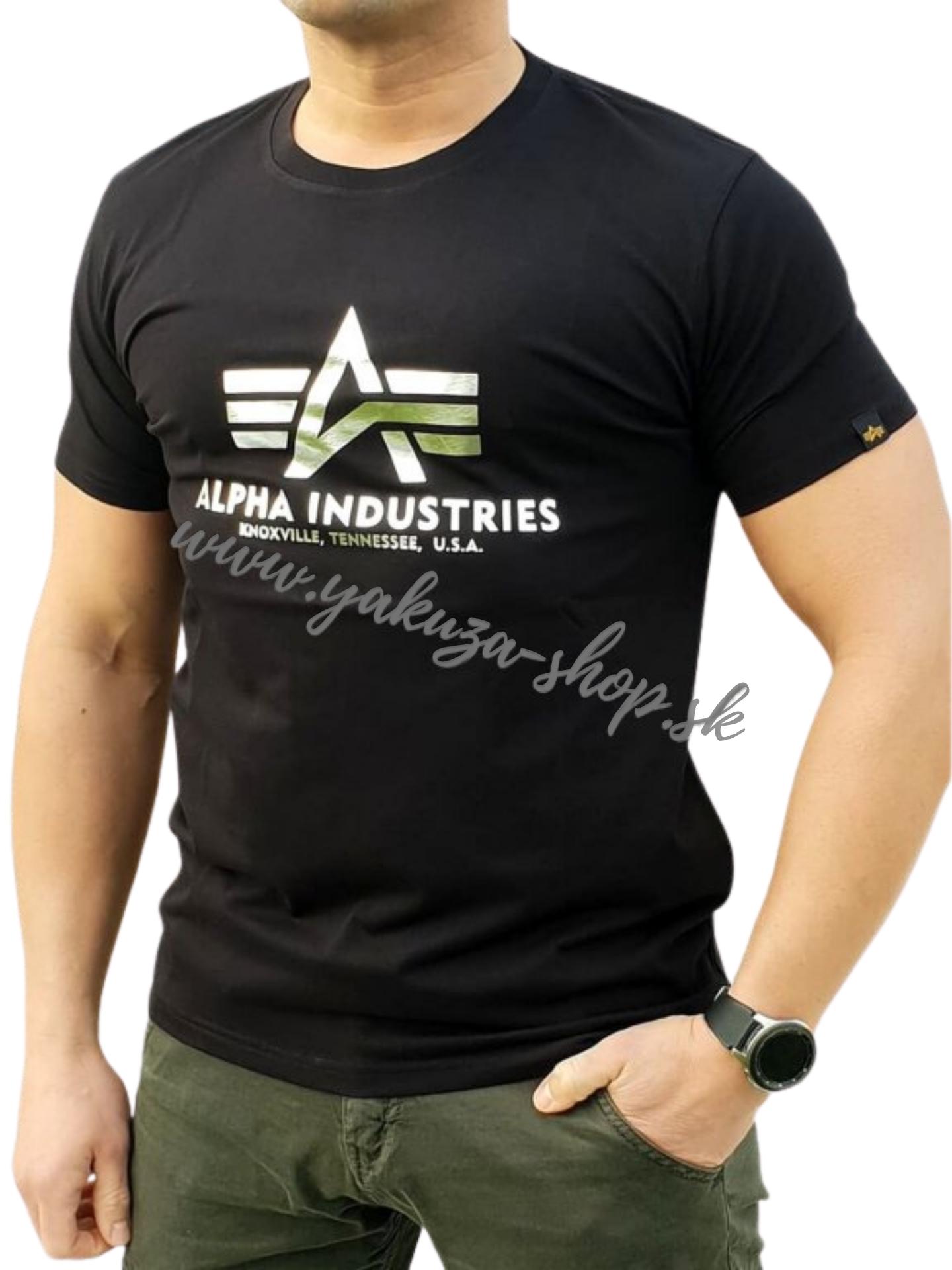 Alpha Industries Basic T Shirt Foil Print Black/Metal Silver tričko pánske Veľkosť: L, Farba: čierna/strieborná