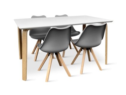 Dřevěný jídelní set Zaha bílý + 4x židle Gina šedá (4)