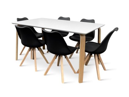Dřevěný jídelní set Zaha bílý + 6x židle Gina černá (4)