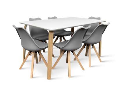 Dřevěný jídelní set Zaha bílý + 6x židle Gina šedá (4)