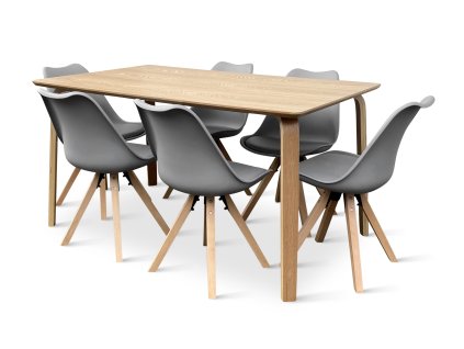 Dřevěný jídelní set Zaha dekor dub + 6x židle Gina šedá (3)