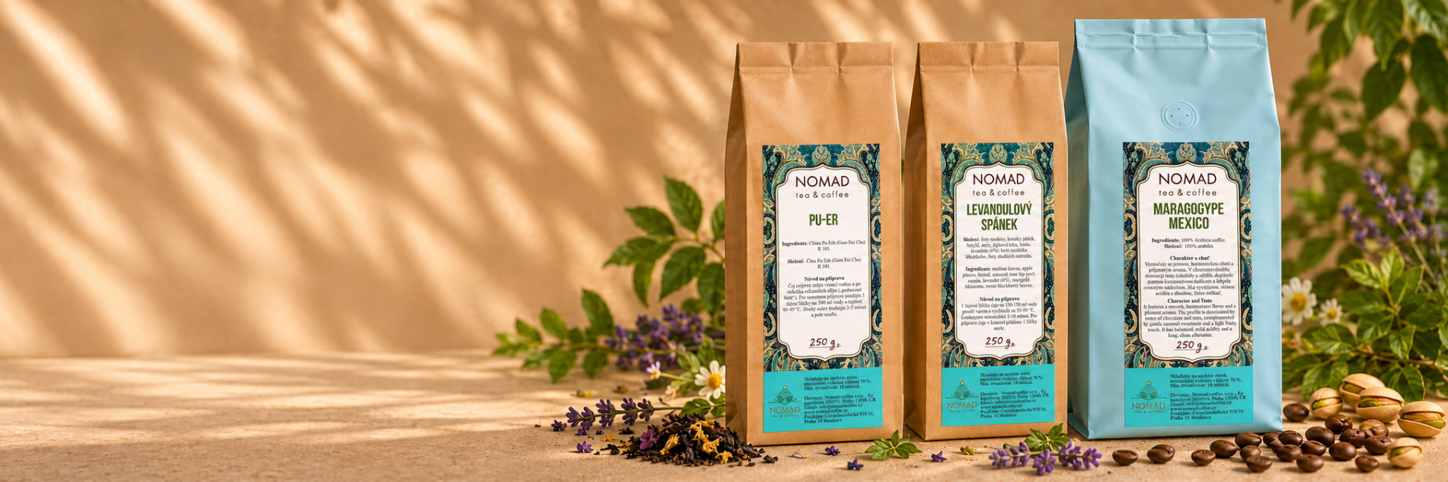 Čaje Pu-er a Levandulový spánek a káva Maragogype Mexico NOMAD, balení 250 g