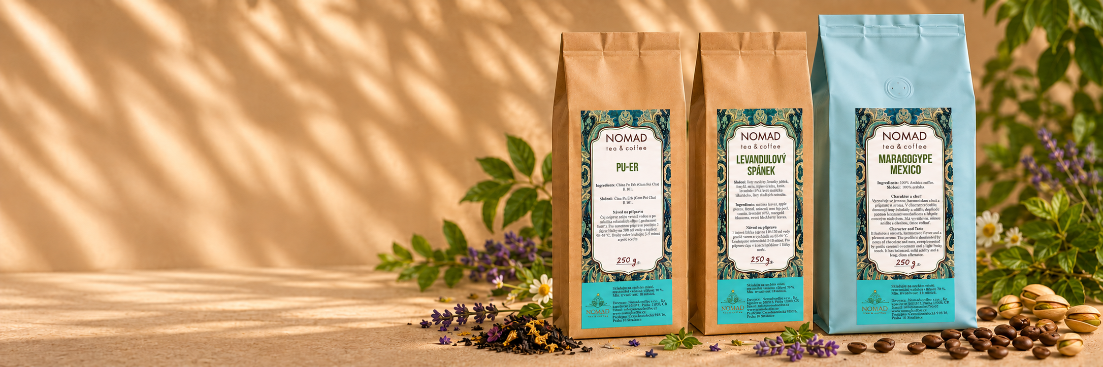 Čaje Pu-er a Levandulový spánek a káva Maragogype Mexico NOMAD, balení 250 g