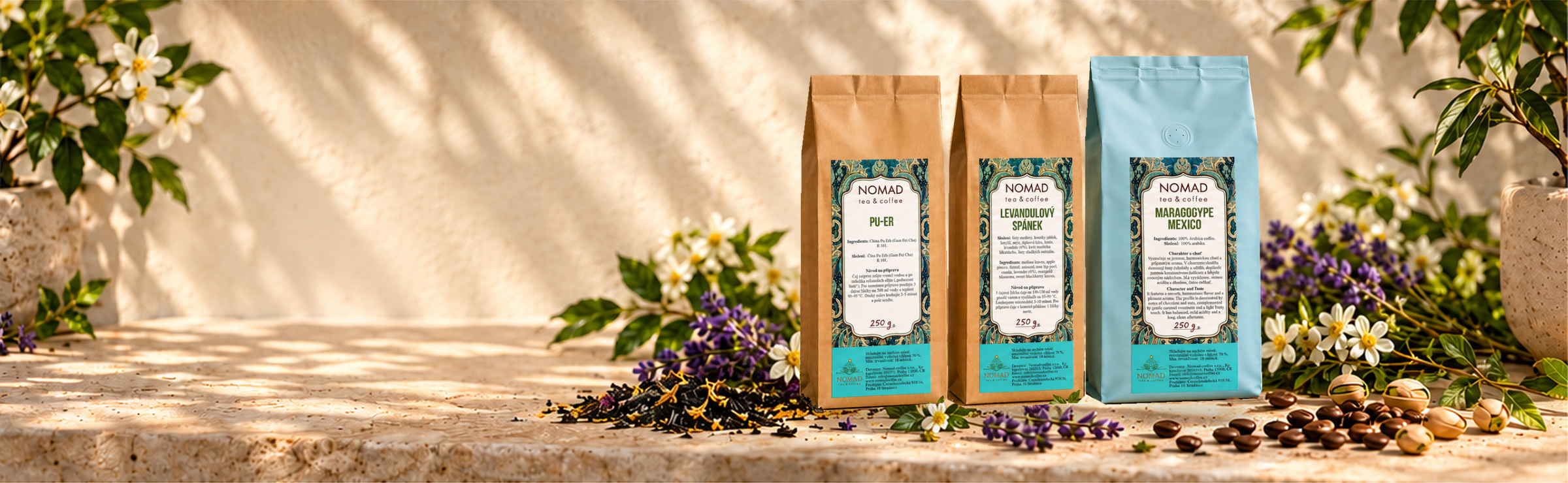 Čaje Pu-er a Levandulový spánek a káva Maragogype Mexico NOMAD, balení 250 g