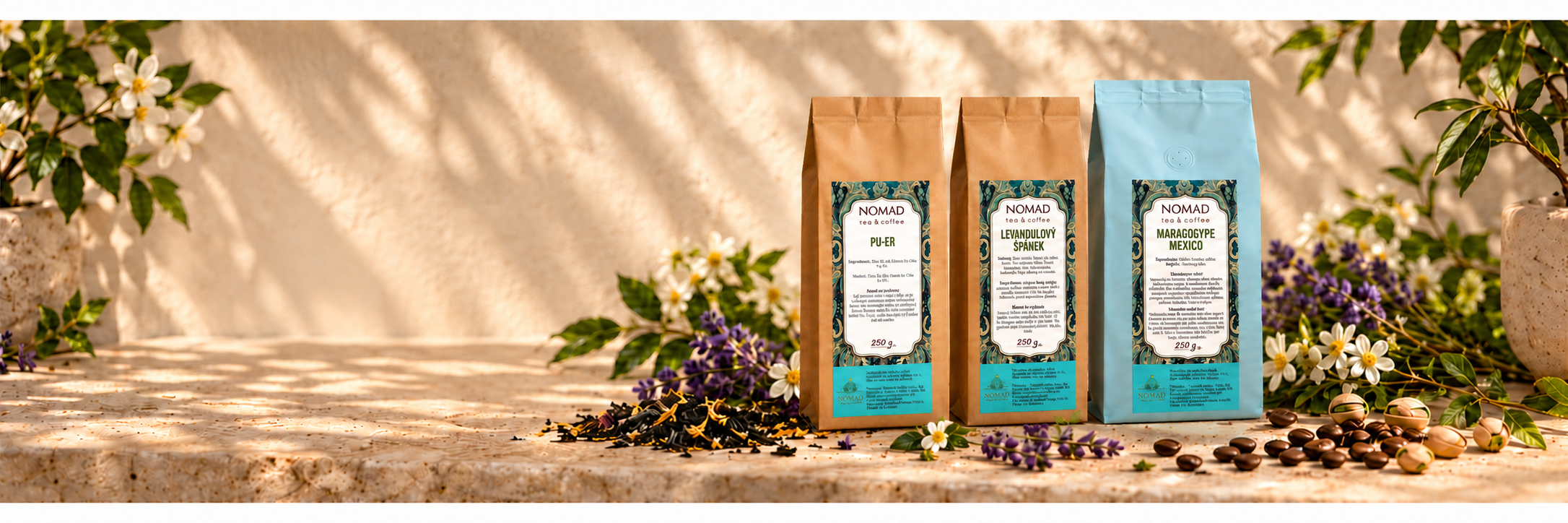 Čaje Pu-er a Levandulový spánek a káva Maragogype Mexico NOMAD, balení 250 g