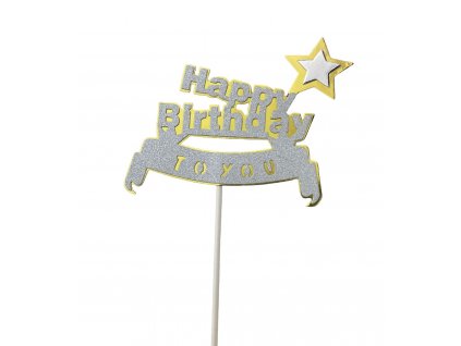 Ozdoba na dort Happy birthday to you - stříbrná